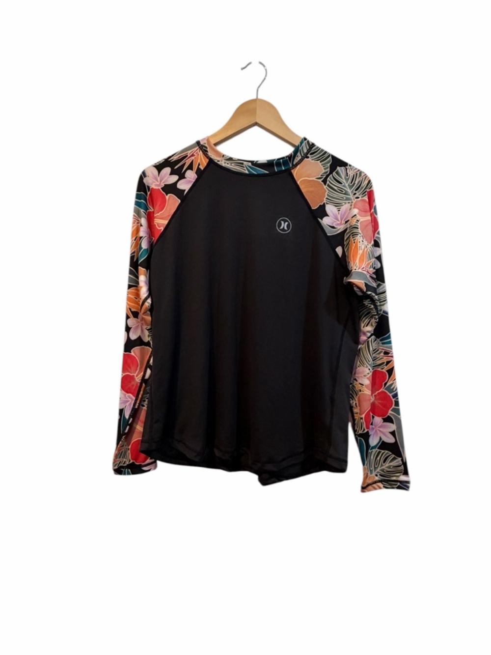 Hurley Resort Floral Rash Guard UPF 50+ Long Sleeve Swim Top Black Tropical XL